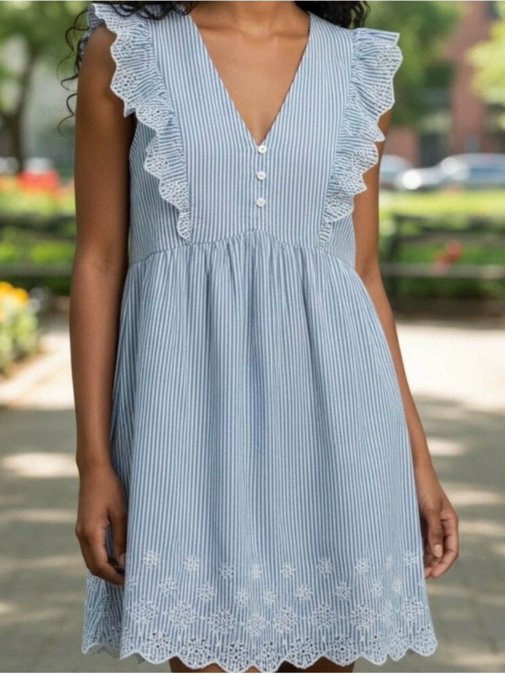 LOFT Light Blue Striped V-Neck Ruffle Mini Dress size Medium P